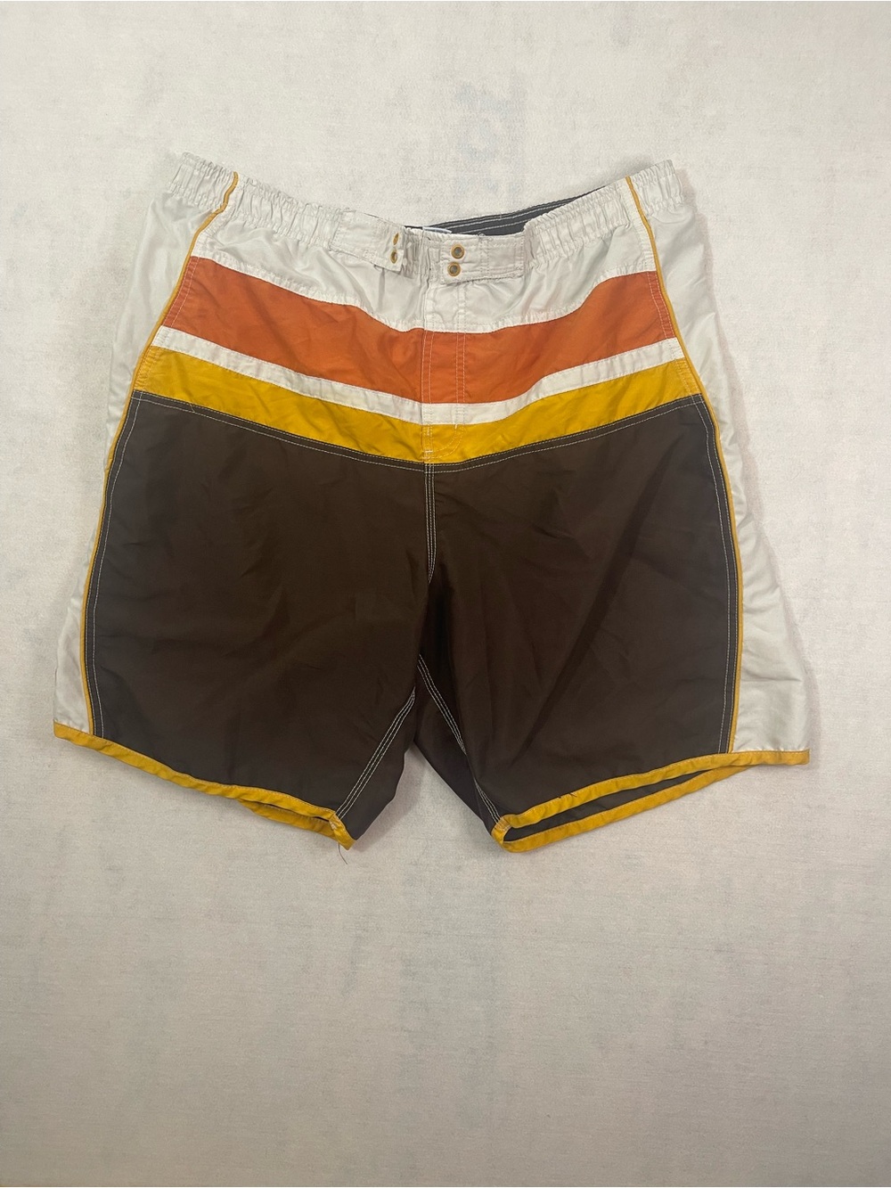 Y2K Swimwear: OP Men's Brown, Orange & Yellow Colorblock Swim Shorts size XL